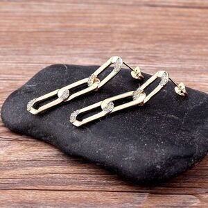 Brand New Gold Chain Link, Pave Detail Stud Dangle Earrings